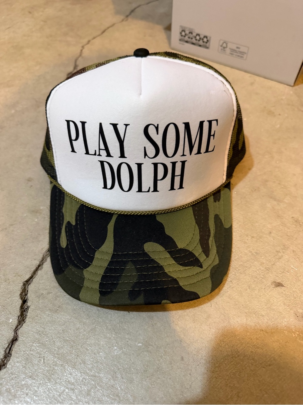 PLAY SOME DOLPH Camouflage Trucker Hat - White Front